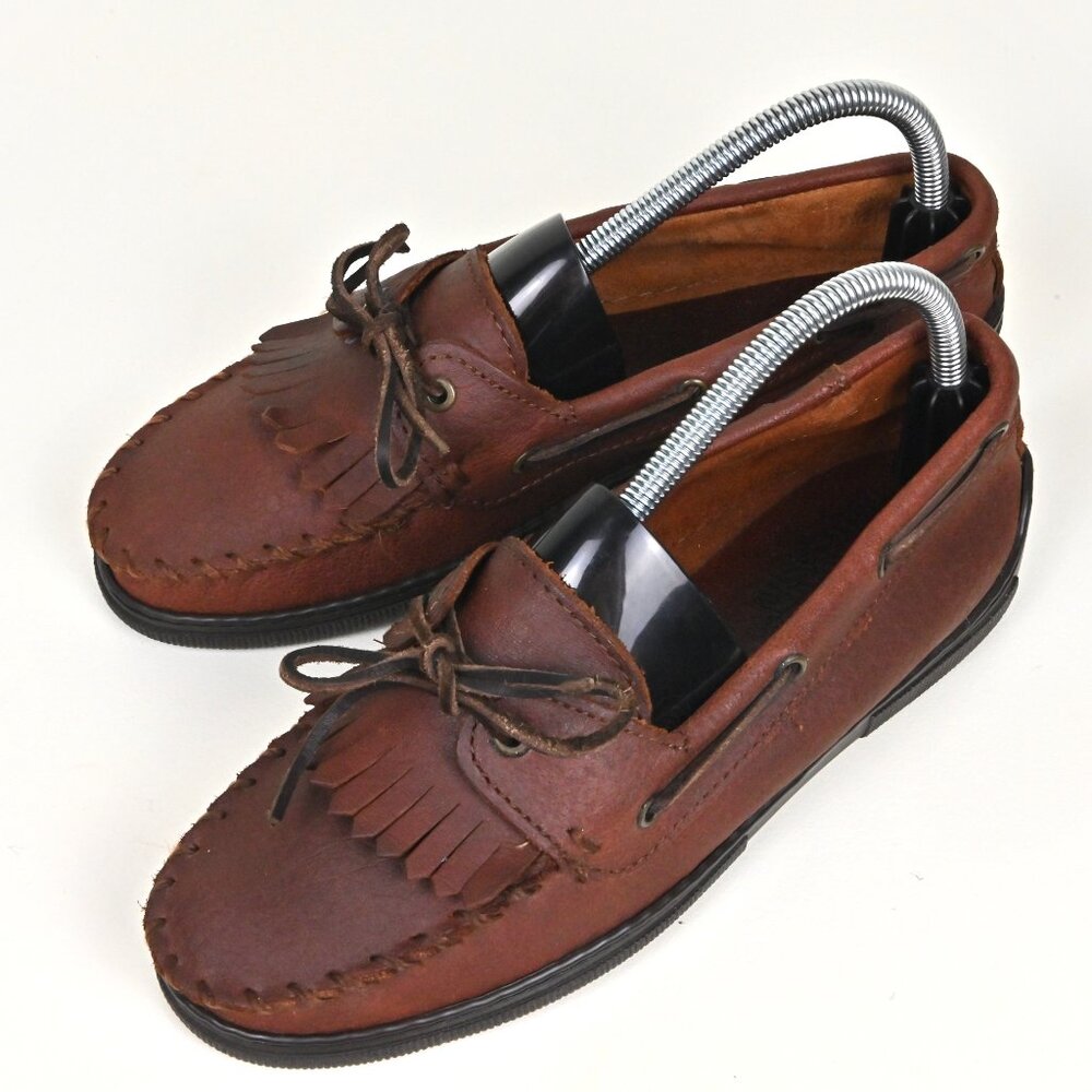 Minnetonka Kilty Leather Moosehide Tassel Stitched Red Moccasins Loafers US7 UK5